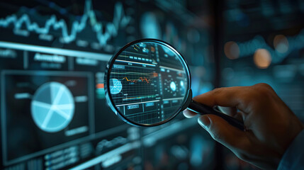 Analyst holding magnifying glass over charts on computer screen, data analyst