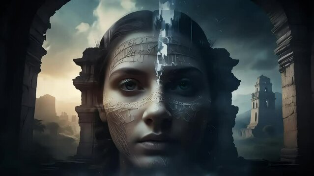 An enigmatic double exposure composition showcasing two faces intertwined with abstract patterns of light and shadow, evoking a sense of mystery and intrigue against a backdrop of ancient ruins.