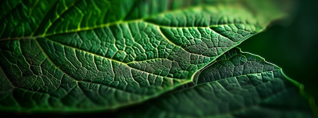 green leaf texture close up, symmetrical, dark background. A closeup of the veins on an emerald green leaf, with detailed texture and lighting that highlights their intricate patterns.