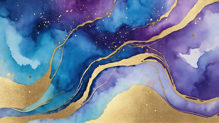 Watercolor abstract background drawn by brush. Green, blue, purple, Golden shiny veins and Liquid...
