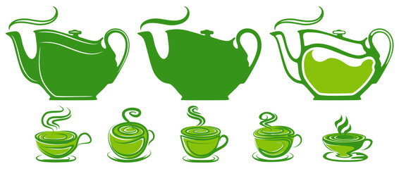 set collections Matcha tea icon. teapot with green tea. tea cup matcha logo. herbal tea design vector illustration