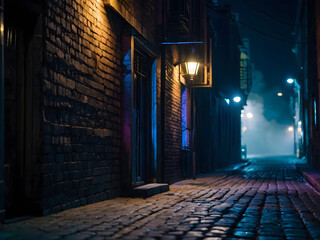 Atmospheric Alley, Old Brick Wall Lit by Neon Lights on a Dark, Desolate Night Street Enveloped in Smoke and Smog.