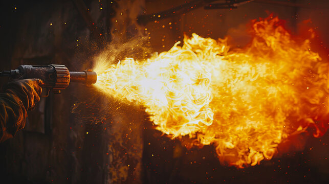 Slowmotion capture of a flame thrower in action, focusing on the fierce blaze and dynamic motion