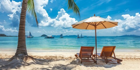 Two wooden deck chairs are under the parasol. Sunny summer day on the beach.