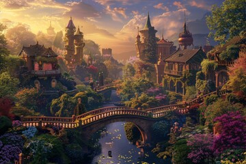 village landscape with whimsical bridges rivers