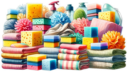 Colorful Assortment of Cleaning Supplies and Textiles.
