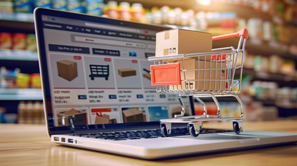 Online shopping concept with cart full of boxes on top of laptop computer