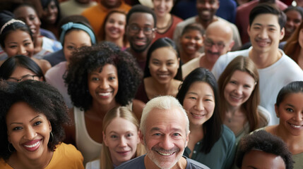 From directly above multi ethnic large group of people looking at camera