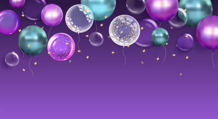 Banner, postcard poster, festive background with realistic balloons and helium balloons.