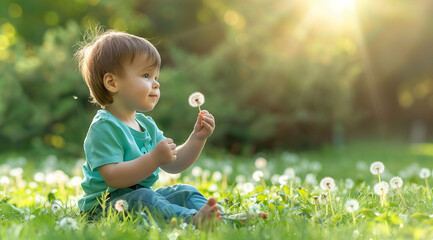 A charming scene featuring a cute little boy dressed in a green shirt and blue pants sitting on the grass, delicately holding a dandelion flower. The backdrop showcases a spring nature setting
