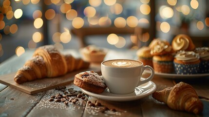 A cozy cafÃ© scene with a cappuccino served alongside a selection of pastries including croissants, Danish, and muffins, on an elegantly set table with soft bokeh lights