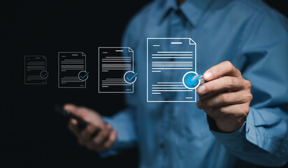 Digital checklist documents and Online business assessments, Businessman checking electronic documents and approval checklist..