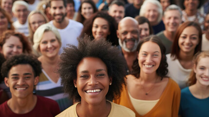From directly above multi ethnic large group of people looking at camera