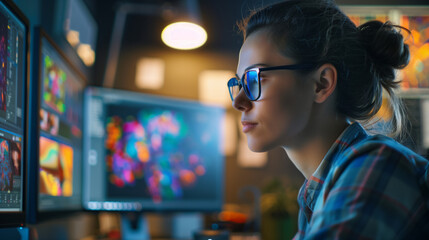 Creative Software Developer Working in Colorful Artistic Workspace at Night