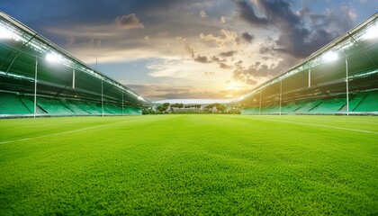 Vibrant and visually striking generative photo featuring the lush green lawn of a soccer stadium - Powered by Adobe