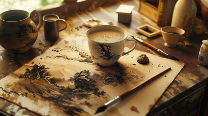 A photorealistic image of a coffee cup on a desk, surrounded by artistic tools and a sepia-toned coffee painting in progress