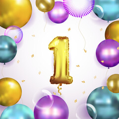 Elegant Greeting celebration one year birthday. Anniversary number 1 foil gold balloon. Happy birthday, congratulations poster.
