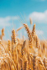 Fototapeta premium Golden Wheat Field Under Sunny Blue Sky