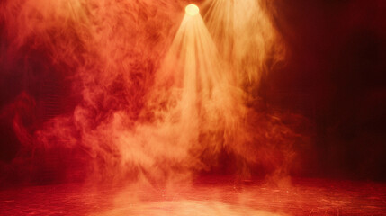 Bright crimson smoke drifting across a stage under a pale yellow spotlight, offering a dynamic, theatrical visual.