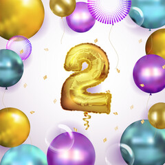 Elegant Greeting celebration two year birthday. Anniversary number 2 foil gold balloon. Happy birthday, congratulations poster.