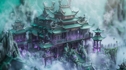 Magnificent Chinese-style Miniature Palaces Crafted from Amethyst and Gold, Surrounded by Bronze Statues and Smoke