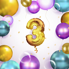 Elegant Greeting celebration three years birthday. Anniversary number 3 foil gold balloon. Happy birthday, congratulations poster.