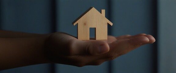 A woman hand holds wooden house silhouette	