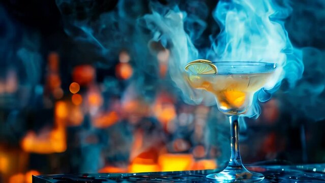 Alcoholic cocktail in martini glass served with piece of lemon and ice cubes, on a dark background surrounded by cooling swirling white steam