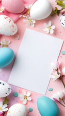 Blank sheet of paper in a wooden frame surrounded by pastel Easter eggs and fresh spring branches pastel background