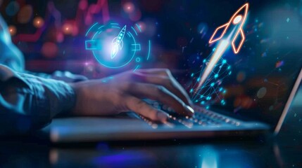 Startup business concept, Businessman use laptop with virtual screen of rocket icon and up arrow for fast start up business. Strategic planning and business success.