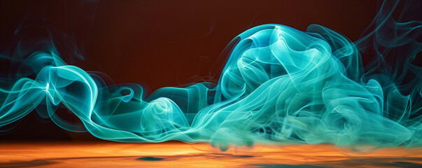 Bright turquoise smoke abstract background flows gently over a dark orange floor.