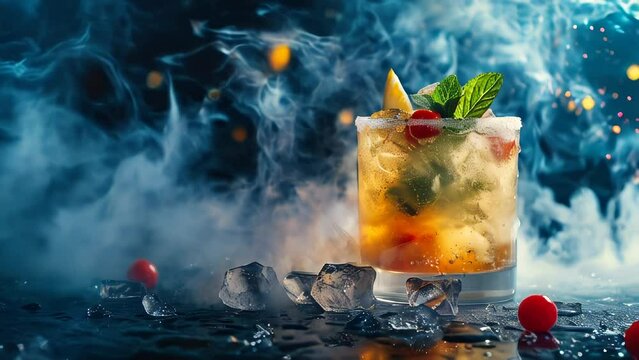 Alchogolic drink coktail with ice cube and lemon slices, on a dark background surrounded by ice cubes and cooling swirling white steam