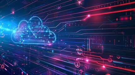 Technology networking and digital communication in business with cloud computing concept web storage for data global social media ai server online binary illustration background modern futuristic