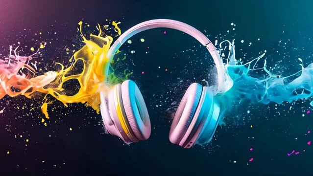 Headphones with colorful musical sound waves splashing on a dark background. Good for podcast, radio, broadcast banner. A bright explosion of colorful paint symbolizing music and joy.
