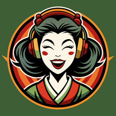 logo-retro-style---laughing-geisha-with-headphone