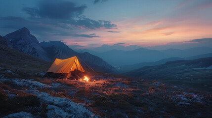 A tent set up in a remote mountain location during twilight with a small campfire burning nearby.