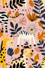 Childish animals pattern. Seamless print with cute cartoon safari animals, colorful background for kids wrapping paper textile design. Vector texture
