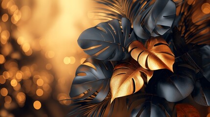 Luxury gold wallpaper. Black and golden abstract background. Tropical leaves wall art design with...