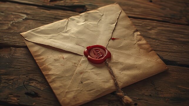 Tightly sealed letter with a wax seal, on an old wooden table with a dim light overhead, indicating secret correspondence