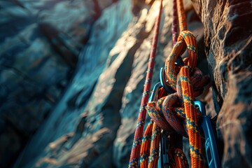 A climbing rope and harness hanging near a challenging rock face, depicting preparation and the attempt to overcome physical limits , high definition