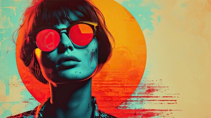 An art collage of a girl in creative glasses on the background of an abstract sun.