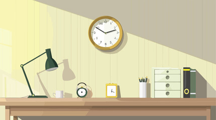 Modern workplace with alarm clocks and lamp near light