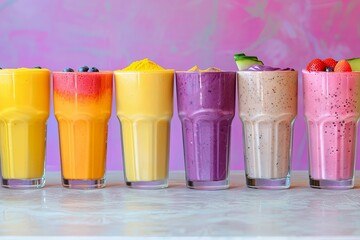 Fototapeta premium A row of colorful, freshly blended smoothies in clear glasses, lined up against a bright background, symbolizing variety in healthy diet choices , 4k
