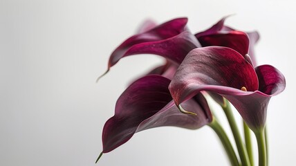 Elegant burgundy calla lilies with soft-focus background.