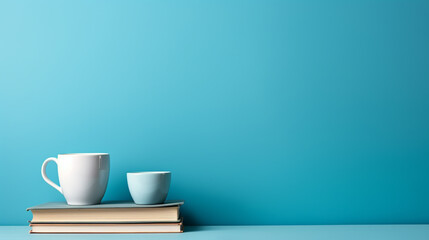 old books and cup of coffee, blue background, book day, free copy space
