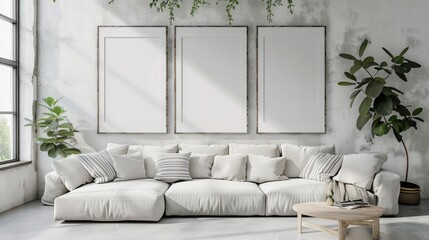 render of three vertical blank frames in a mockup cozy living room, a white sofa with striped...