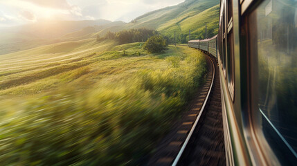 passenger train speeding along scenic railway with lush green hills rolling  outside the window and...