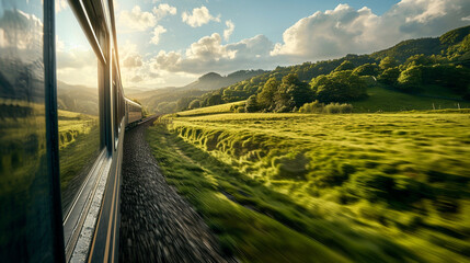 passenger train speeding along scenic railway with lush green hills rolling by outside the window...