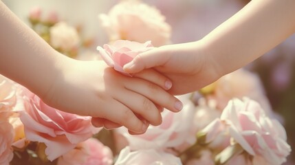 Mother and cute daughter holding hands with flowers decoration. Newborn baby and mother day celebration concept.