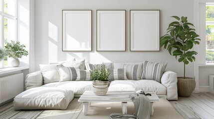 render of three vertical blank frames in a mockup cozy living room, a white sofa with striped pillows and a wooden white table near a window with natural light, white walls